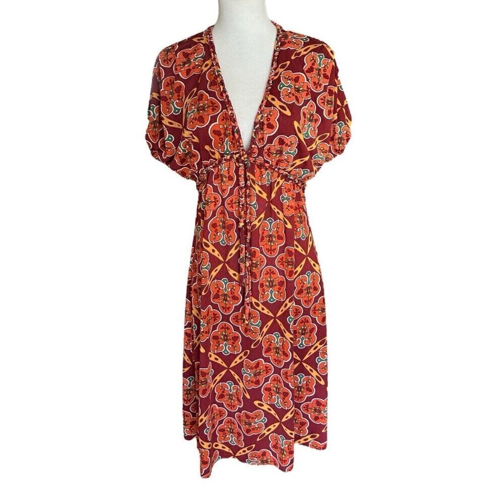 Nieves Lavi Silk V-Neck Empire Waist Short Sleeve Pullover Dress Women's Sz 2